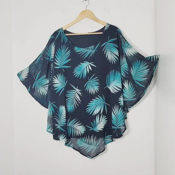 Women's Black Teal Leaf Print Cap Sleeves Tank Top Underneath Blouse Plus Size - Picture 1 of 8